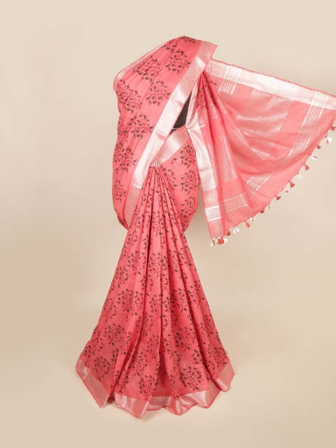 

Pothys Coral & Silver-Toned Floral Zari Linen Blend Saree