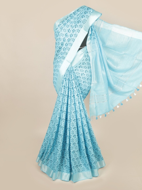 

Pothys Blue & White Floral Zari Linen Blend Saree