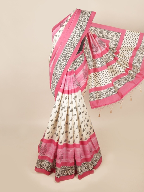 

Pothys Cream-Coloured & Pink Ethnic Motifs Art Silk Saree