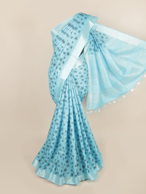 

Pothys Blue & Silver-Toned Floral Zari Linen Blend Saree