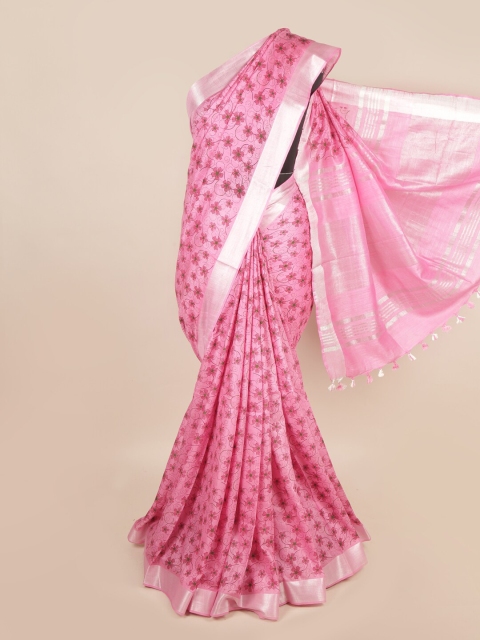 

Pothys Pink Floral Zari Linen Blend Saree