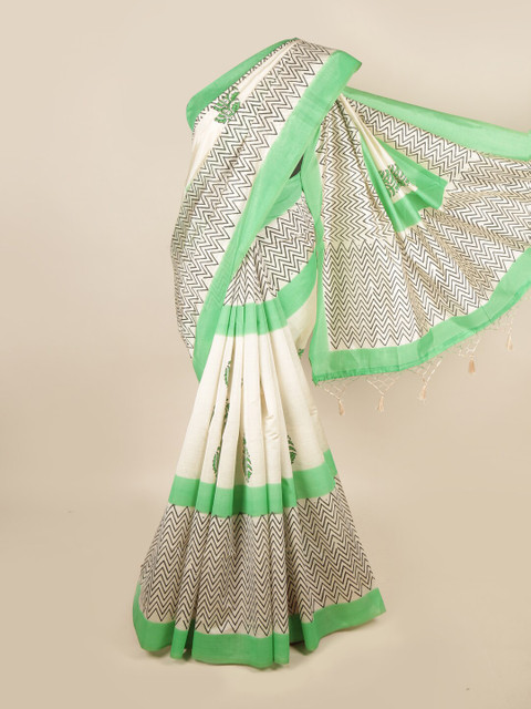 

Pothys Cream-Coloured & Green Ethnic Motifs Art Silk Saree