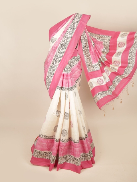 

Pothys Cream-Coloured & Pink Ethnic Motifs Art Silk Saree
