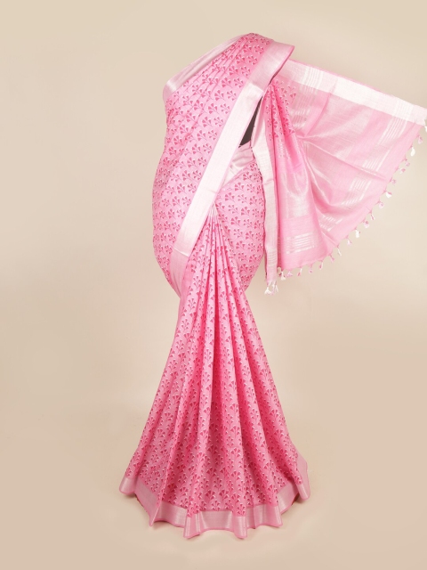 

Pothys Pink & Silver-Toned Floral Linen Blend Saree