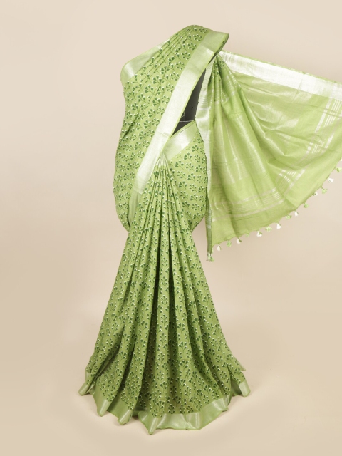 

Pothys Green & Silver-Toned Ethnic Motifs Zari Linen Blend Saree