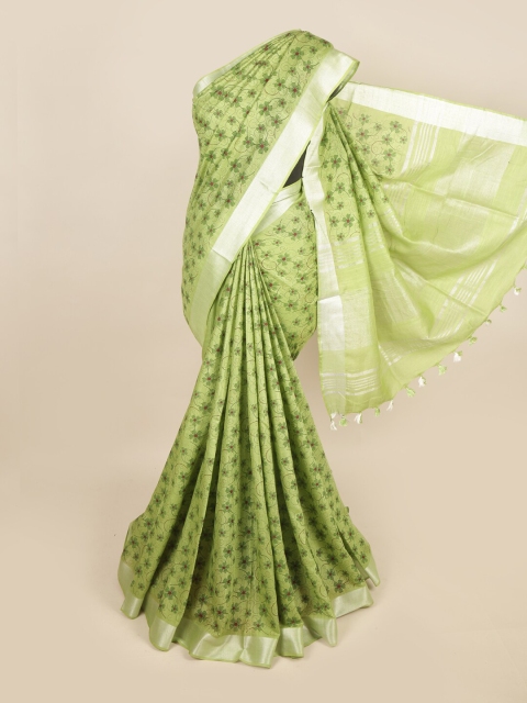 

Pothys Green & Silver-Toned Floral Zari Linen Blend Saree