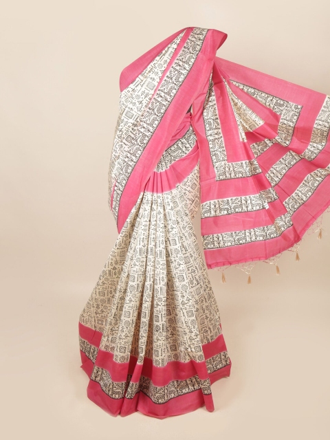 

Pothys Off White & Pink Ethnic Motifs Art Silk Saree