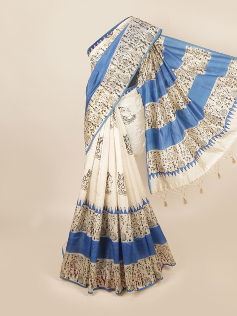 

Pothys Cream-Coloured & Blue Ethnic Motifs Art Silk Saree