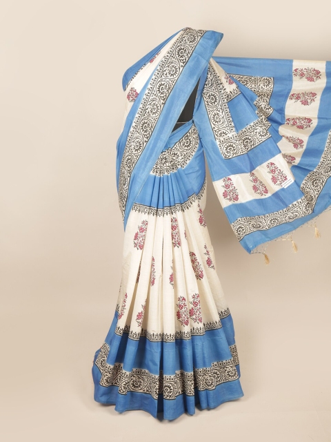 

Pothys Cream-Coloured & Blue Floral Art Silk Saree