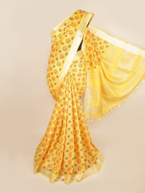 

Pothys Yellow & Red Ethnic Motifs Zari Linen Blend Saree
