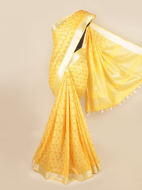

Pothys Yellow & Silver-Toned Floral Zari Linen Blend Saree