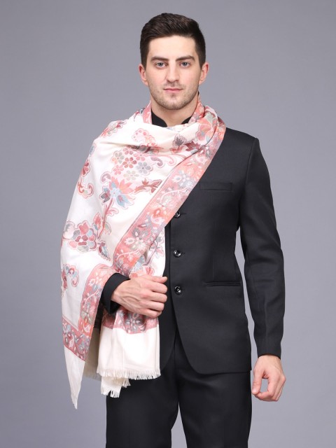 

WEAVERS VILLA Men White & Peach-Coloured Woven Design Shawl