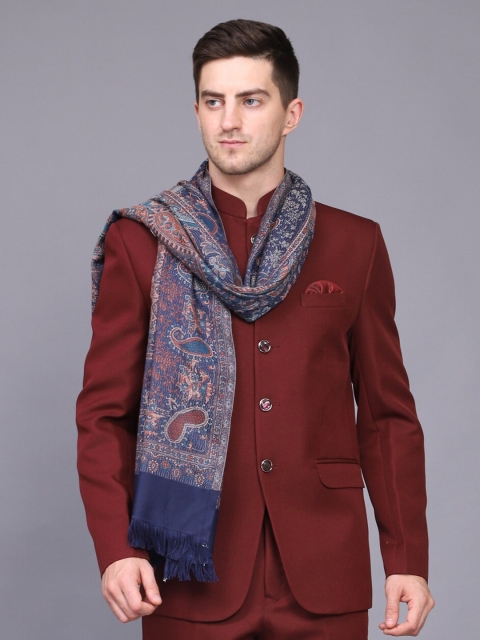 

WEAVERS VILLA Men Navy Blue & Peach-Coloured Woven Design Shawl