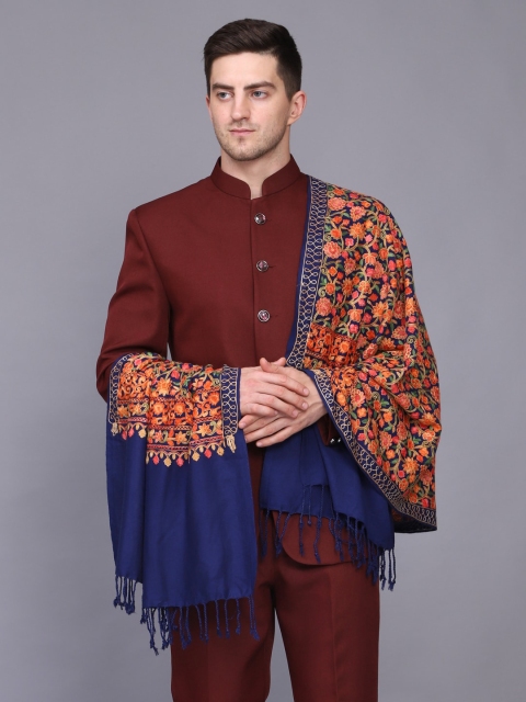 

WEAVERS VILLA Men Navy Blue & Orange Embroidered Acrylic Stole