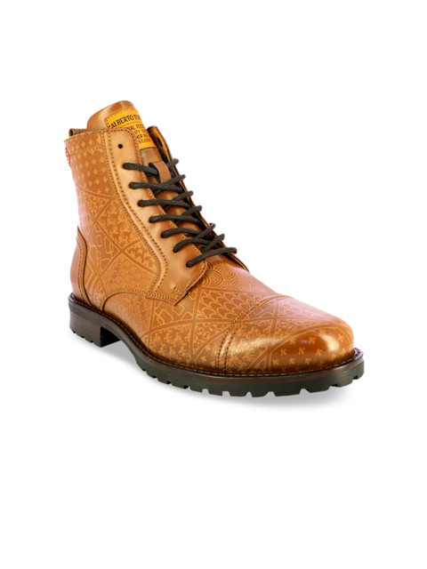 

Alberto Torresi Men Tan Printed Mid-Top Lace Up Boots