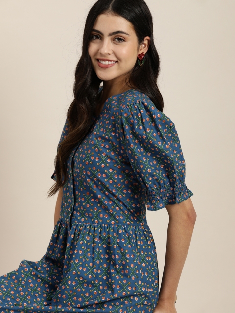 

Sangria Navy Blue Printed Cotton Sheath Midi Dress