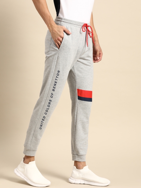 

United Colors of Benetton Men Grey Melange Brand Logo Print Joggers