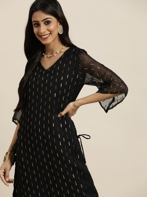 

Sangria Women Black Self Design Geometric Pattern Kurti with Sharara