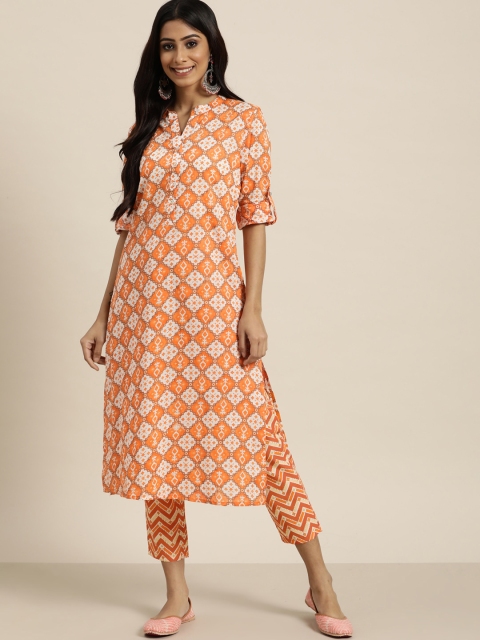 

Sangria Women Orange & White Ethnic Motifs Printed Pure Cotton Kurta with Trousers