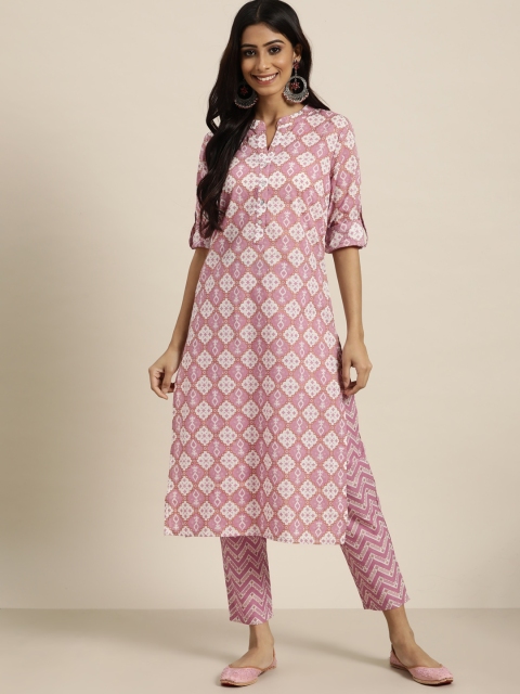 

Sangria Women Lavender Printed Pure Cotton Kurta with Trousers