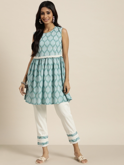 

Sangria Women Turquoise Blue & White Ethnic Motifs Printed Pure Cotton Kurti with Trouser