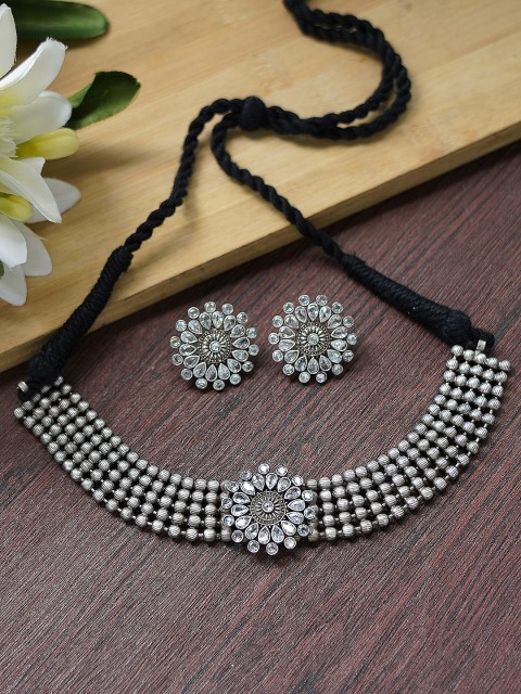 

FIROZA Oxidised Silver-Toned & White Stone Studded & Beaded Jewellery Set