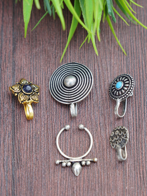 

FIROZA Set Of 5 Oxidised Silver-Toned & Blue Stone-Studded Nose Pins