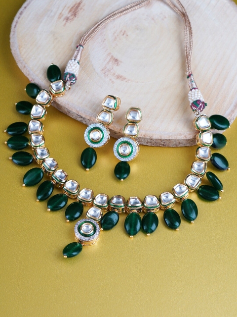 

FIROZA Green & White Gold Plated Kundan American Diamond Studded Jewellery Set