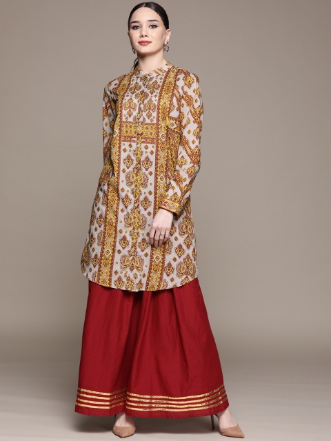 

aarke Ritu Kumar Women Grey & Maroon Ethnic Motifs Print Cotton A-Line Kurta