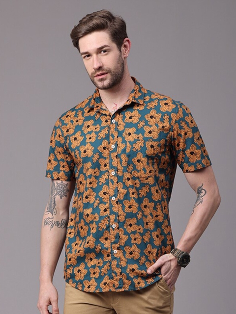 

FOGA Men Green & Mustard Yellow Slim Fit Floral Opaque Printed Casual Shirt