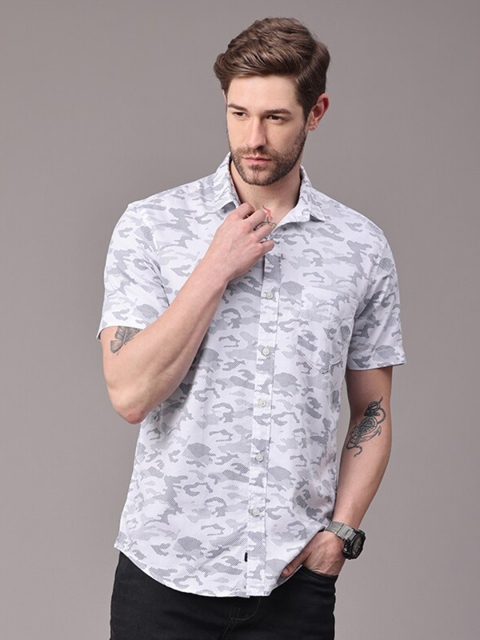 

FOGA Men White Slim Fit Opaque Printed Casual Shirt