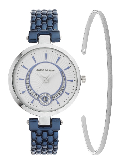 

Swiss Design Women Silver & Teal Watch & Bracelet Gift Set