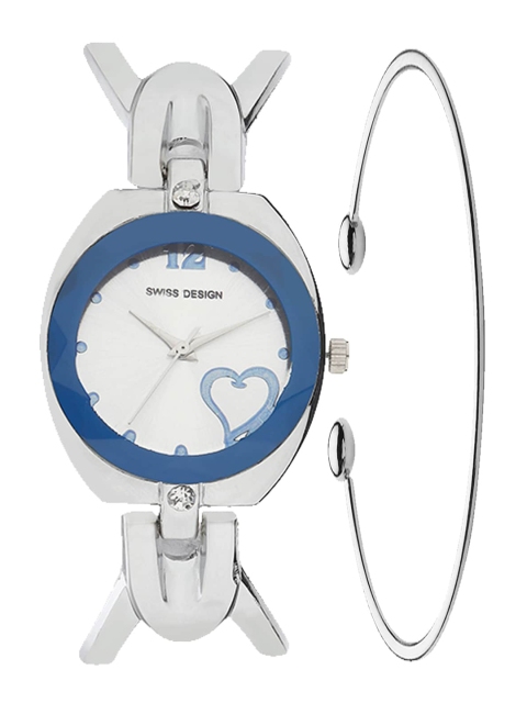 

Swiss Design Women Silver Toned & White Watch with Bracelet Gift Set