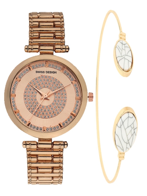 

Swiss Design Women Rose-Gold Toned & Gold-Toned Watch with Bracelet Gift Set