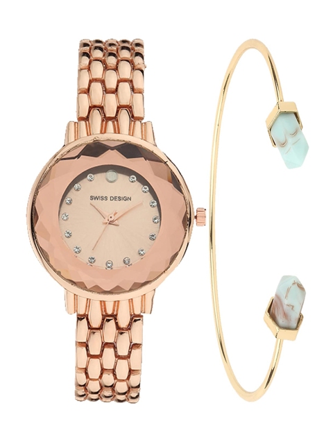 

Swiss Design Women Rose Gold Toned & Gold-Toned Watch with Bracelet Gift Set