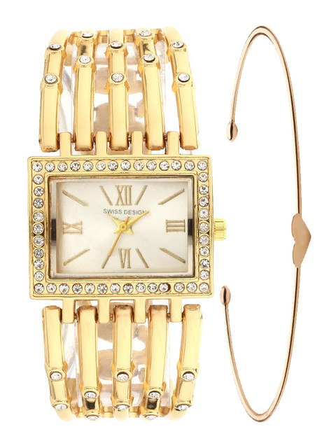 

Swiss Design Women Gold Toned Watch & Bracelet Gift Set