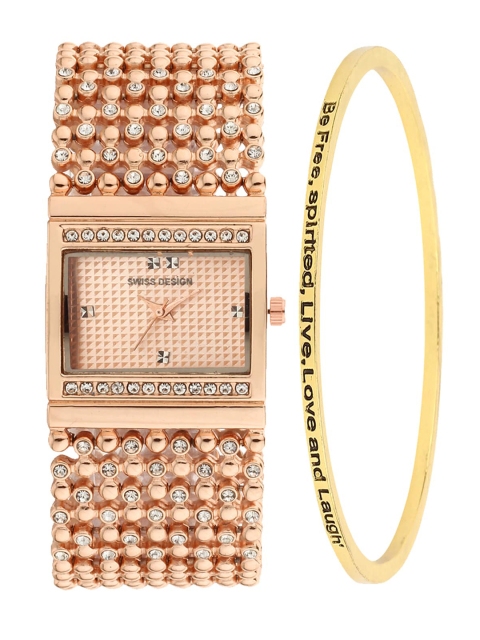 

Swiss Design Women Rose Gold-Toned Embellished Watch Gift Set SDWGift Set-249-Rose