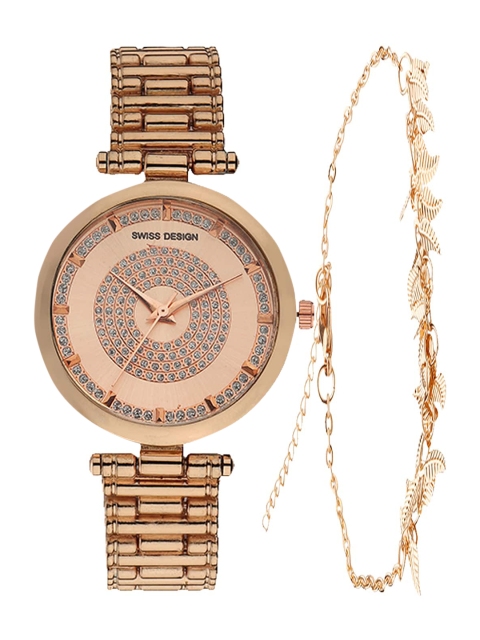 

Swiss Design Women Rose Gold Toned Watch & Jewellery Gift Set
