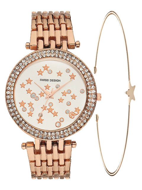 

Swiss Design Women Rose Embellished Watch Gift Set