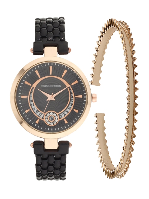 

Swiss Design Women Black & Gold-Toned Bracelet Style Straps Analogue Watch Gift Set