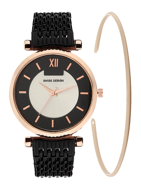 

Swiss Design Women Black & Rose Gold-Toned Watch Gift Set