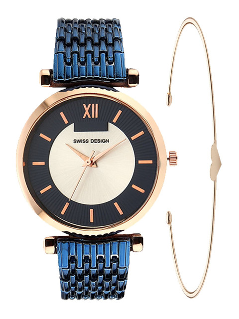 

Swiss Design Women Blue & Gold Toned Watch & Jewellery Gift Set