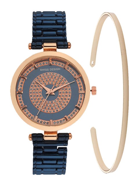 

Swiss Design Women Blue & Gold -Toned Watch and Bracelet Gift Set