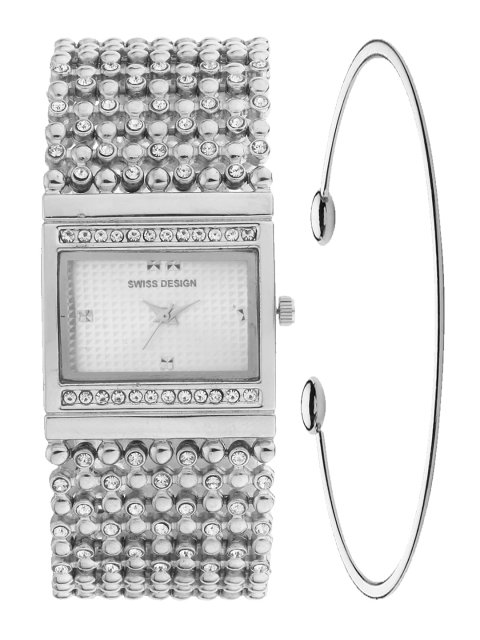 

Swiss Design Women Silver Toned & White Watch with Bracelet Gift Set
