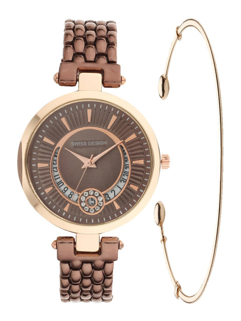 

Swiss Design Brown & Gold-Toned Gift Set of a Watch and a Bangle