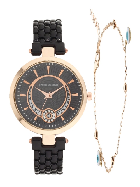 

Swiss Design Women Black & Gold Toned Watch and Bracelet Gift Set