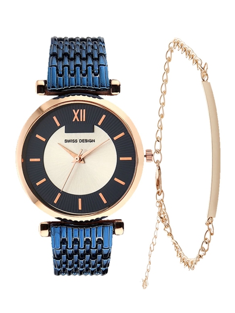 

Swiss Design Women Blue & Gold -Toned Watch and Bracelet Gift Set