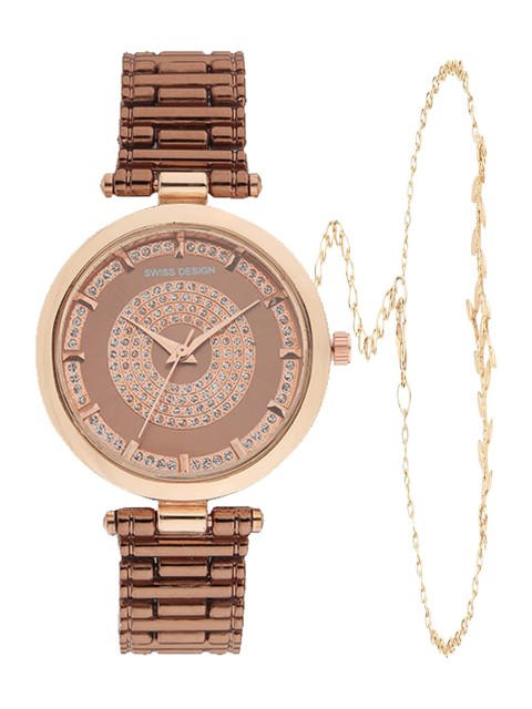 

Swiss Design Women Brown & Rose Gold Toned Watch & Jewellery Gift Set