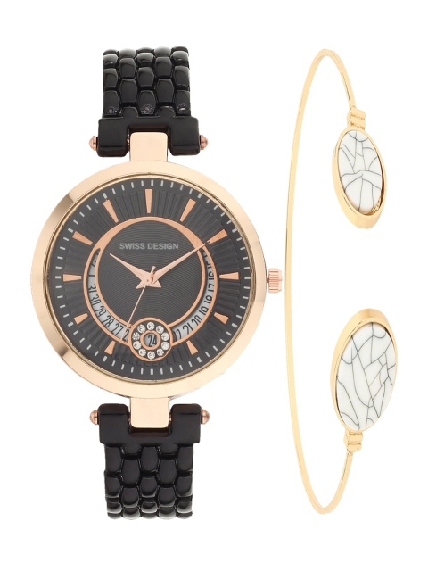 

Swiss Design Women Black Embellished Watch Gift Set