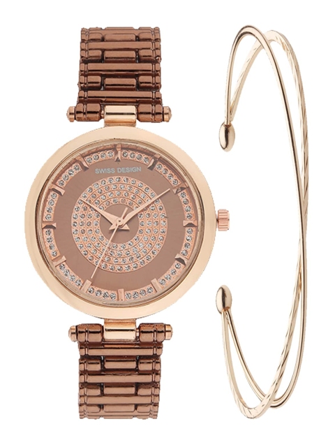 

Swiss Design Women Brown & Gold-Toned Watch with Bracelet Gift Set